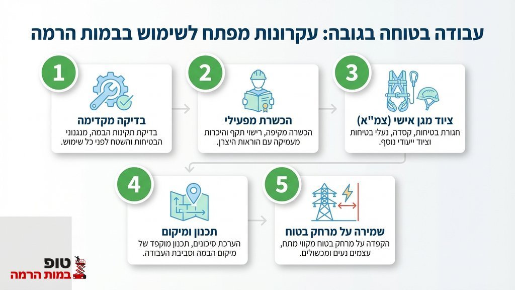 נוצר על ידי מודל בינה מלאכותית Gemini Pro מתקין שלטים עובד בבטחה על במת זרוע מפרקית בגובה רב עם רתמת בטיחות